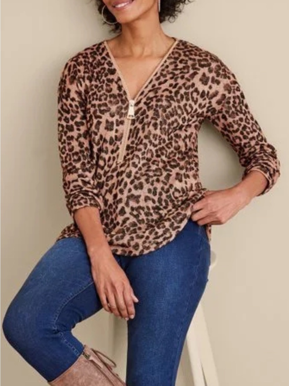 Soft Surroundings Leopard Valentina Zip Sweater in Brown and Black